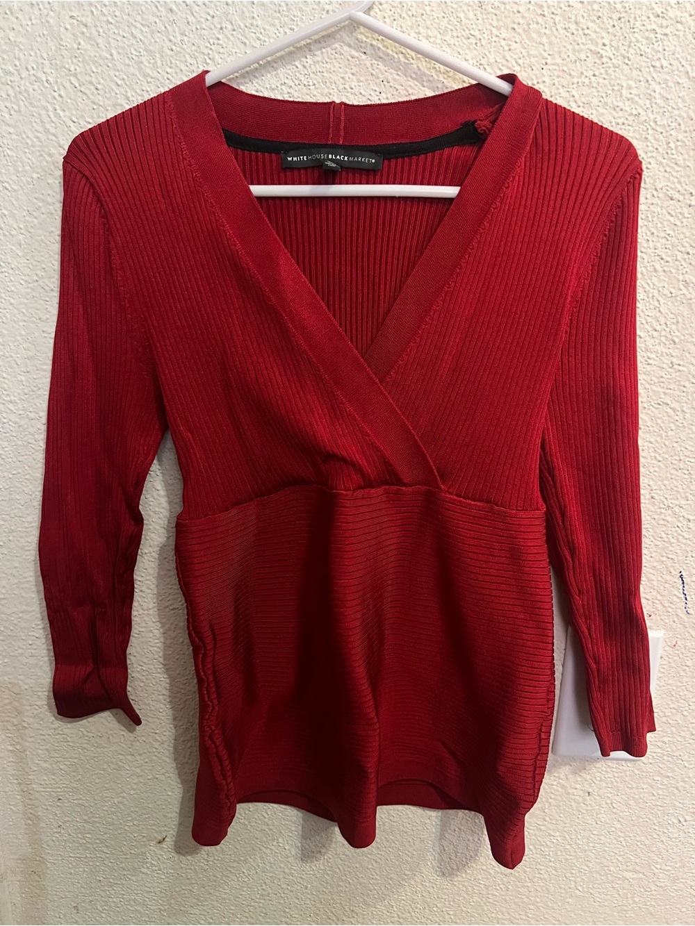 White House Black Market Deep Red Ribbed V-Neck Sweater